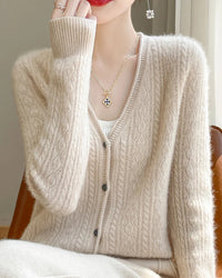Wool V-Neck Curled Twisted Hollow-Out Open Cardigan