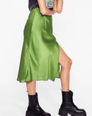 Acetate Satin Side-Slit A-Line Midi Skirt