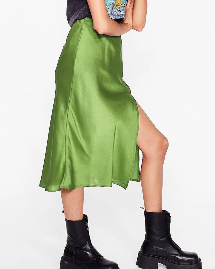 Acetate Satin Side-Slit A-Line Midi Skirt