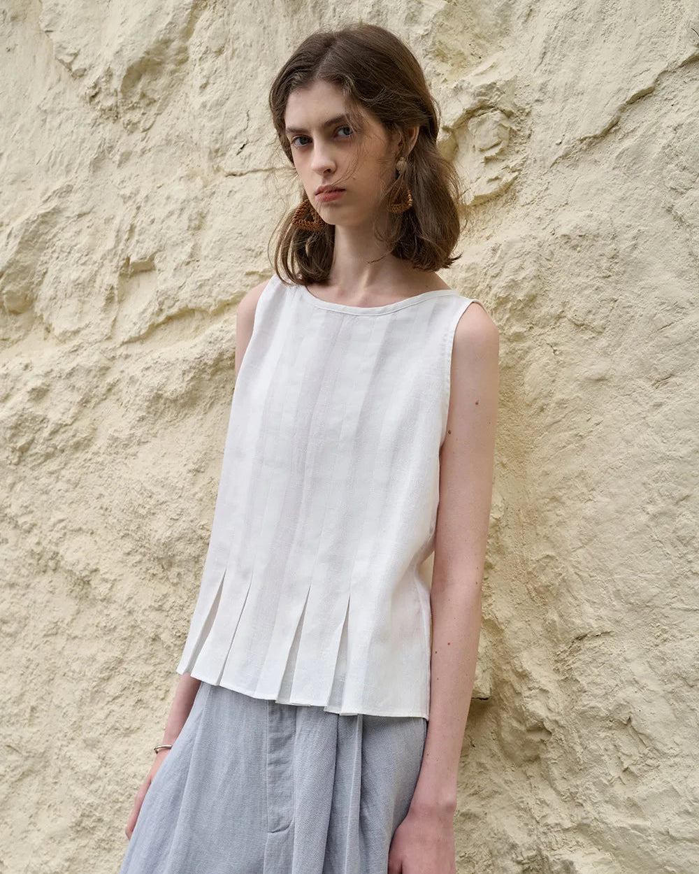 Linen Sleeveless Pleated Fashion Vest