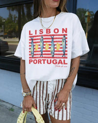 Coastal graphic cotton tee — a vintage-inspired loose knit top for women featuring breathable fabric, an art print design, and effortless everyday style. 