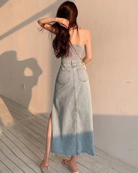 Side-Slit Denim Pencil Skirt