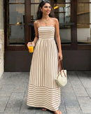 Striped strapless backless loose A-line beach maxi dress in polyester-elastane blend. Slight stretch, empire waist — a chic summer holiday and party slip dress.