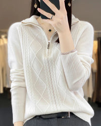 Wool Turtleneck Twisted Stripe Half-Zip Loose Pullover Sweater
