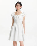 Square Neckline Bow-Trimmed Lace Mini Dress