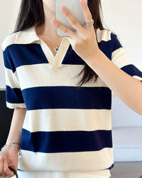 Striped Knit Polo Collar Tee