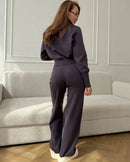 Zip-Up Cropped Knit Cardigan & Drawstring Wide-Leg Trousers Set