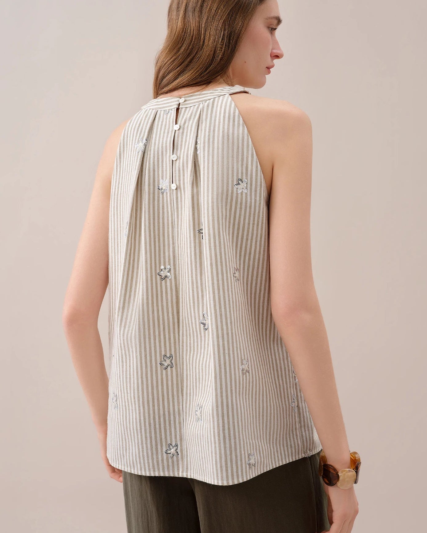 Striped Embroidered Sleeveless Blouse