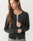 Rib-Trim Wool Crewneck Cardigan