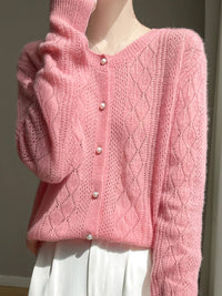 Merino Wool Hollow-Out Pearl Button Cardigan
