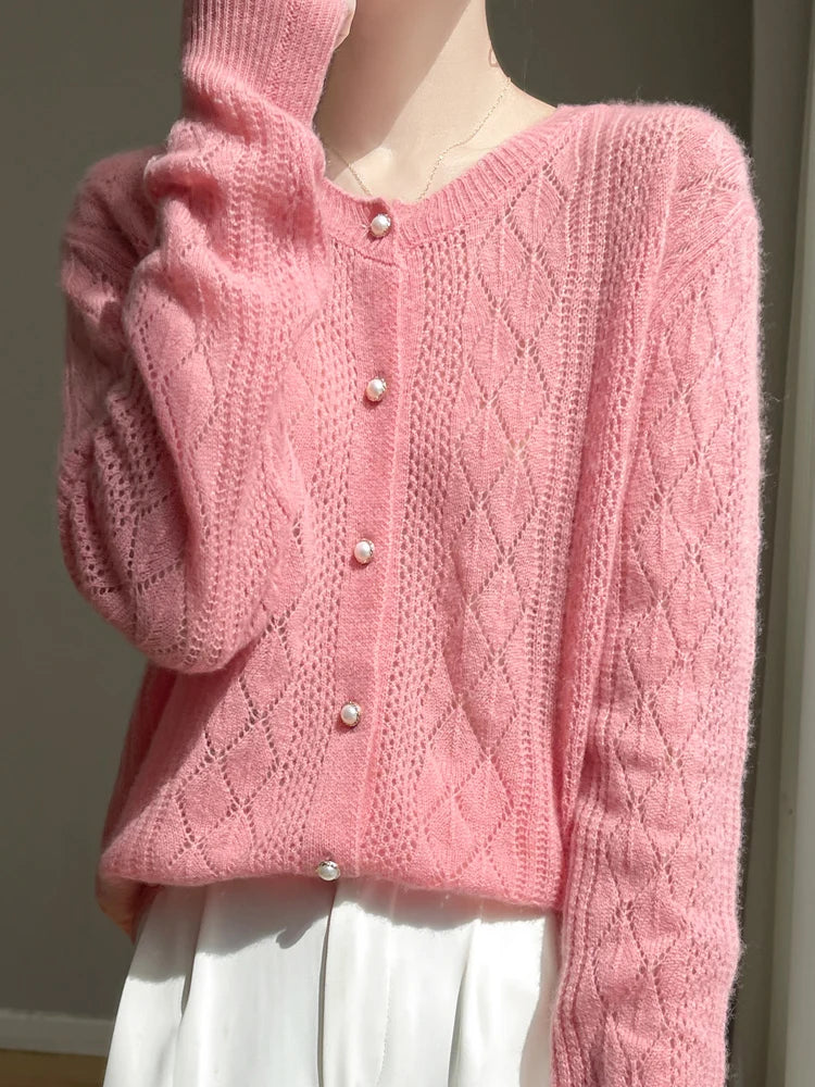Merino Wool Hollow-Out Pearl Button Cardigan
