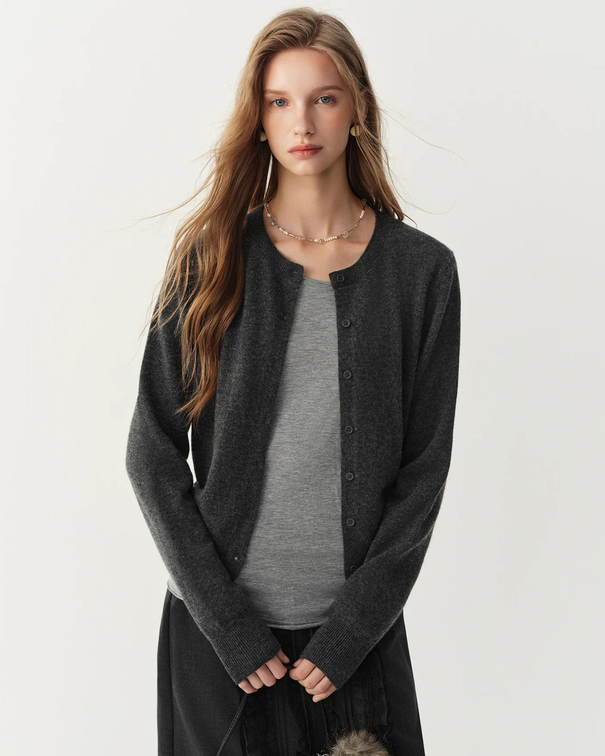 Rib-Trim Wool Crewneck Cardigan