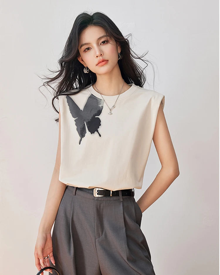 Butterfly-Graphic Knit Sleeveless Tee