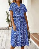 Polka Dot Short Sleeve Drawstring High-Waist Dress