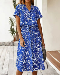 Polka Dot Short Sleeve Drawstring High-Waist Dress