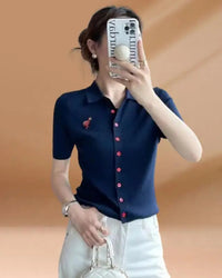 Polo collar slim-fit knit top — a lightweight, single-button short sleeve style designed for effortless commuter-to-casual warm-weather dressing.