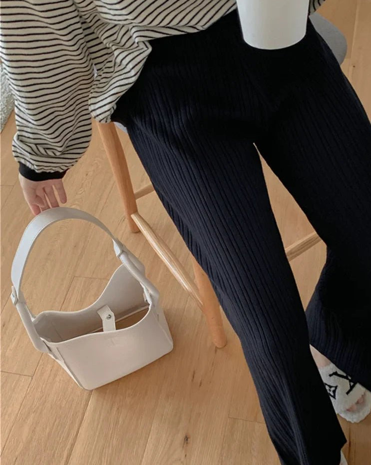 Drawstring Ribbed Knitted Wide Leg Sweatpants