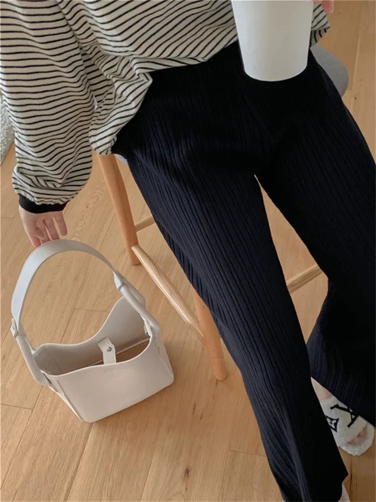 Drawstring Ribbed Knitted Wide Leg Sweatpants