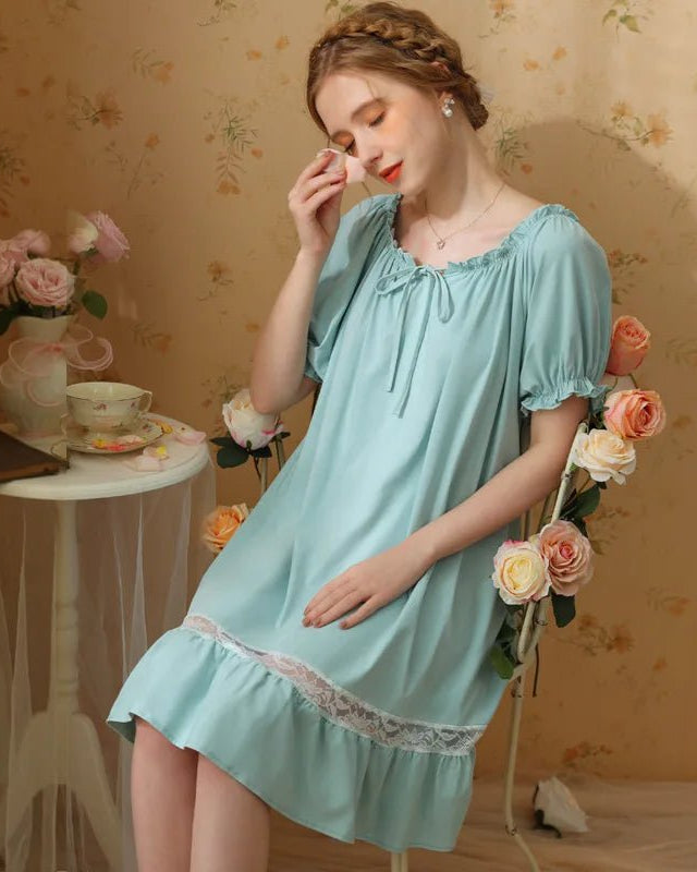 Cotton Short Sleeves Lace Nightdress