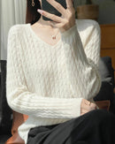 Wool V-Neck Twist Knit Pullover