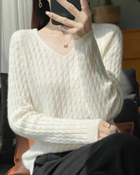 Wool V-Neck Twist Knit Pullover
