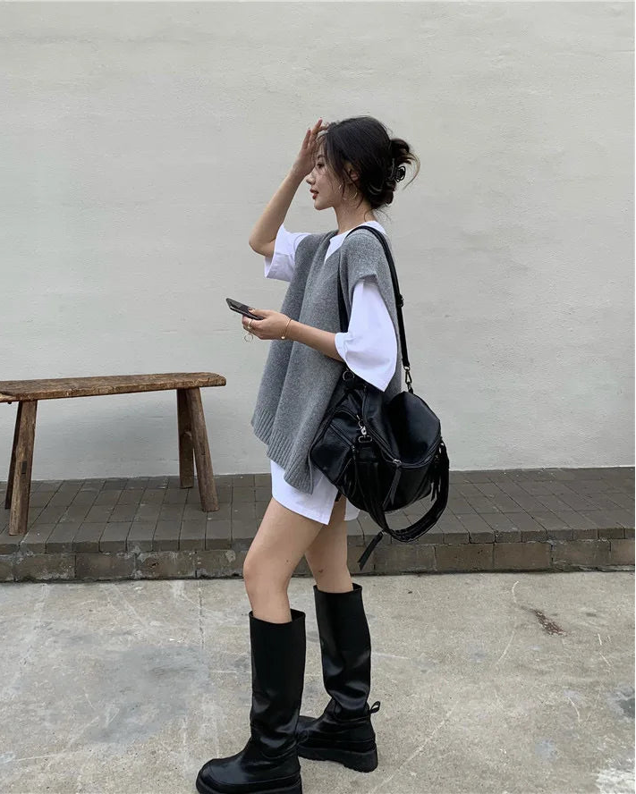 Wool Blend V-Neck Solid Loose Sleeveless Knit Vest