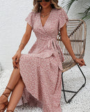 Floral Print V-Neck Lace-Up Flare Sleeve Midi Dress
