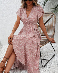 Floral Print V-Neck Lace-Up Flare Sleeve Midi Dress