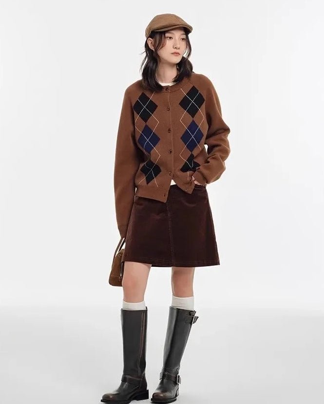 Wool Diamond Pattern Cardigan Sweater