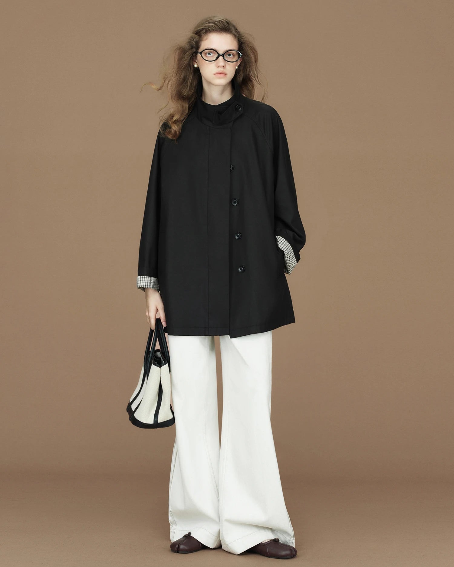 Contrast-Cuff Stand-Collar Short Trench Coat