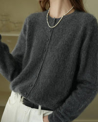 Merino Wool Solid O-Neck Brushed Slim Knit Cardigan