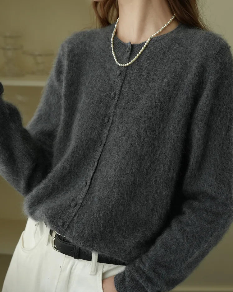 Merino Wool Solid O-Neck Brushed Slim Knit Cardigan