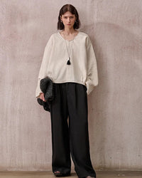 Fashionable Linen U-Neck Long-Sleeved Shirt