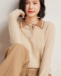 30% cashmere 70% wool contrast colour polo collar pullover sweater. Thick, medium stretch — a soft, casual autumn winter knitwear bottoming top for women.