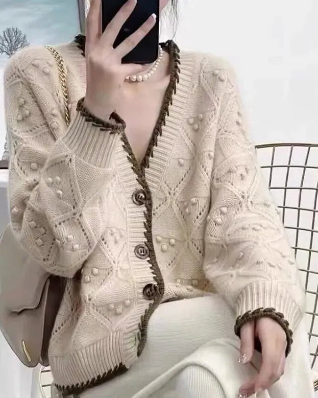 Color Block Crocheted 100% Cashmere Knit Cardigan