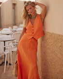 Sleeveless V-neck vest and straight maxi skirt 2-piece set in cotton linen blend. Loose, chic office style for summer — available in S–L.