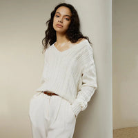 Wool-Cashmere Cable-Knit V Neck Pullover