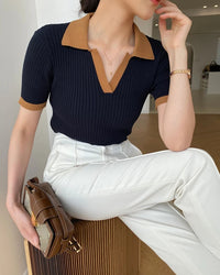 Slim Knit V-Neck Short Sleeve Top