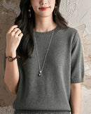 Women's pure cotton crew-neck short-sleeve knit top featuring breathable fabric, ruched sleeve details, and a sculpted neckline for versatile layering in spring and autumn.