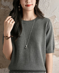 Women's pure cotton crew-neck short-sleeve knit top featuring breathable fabric, ruched sleeve details, and a sculpted neckline for versatile layering in spring and autumn.