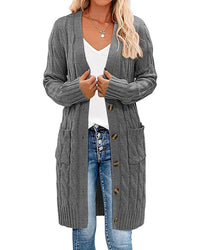 Solid V-Neck Single-Breasted Loose Long Knit Cardigan