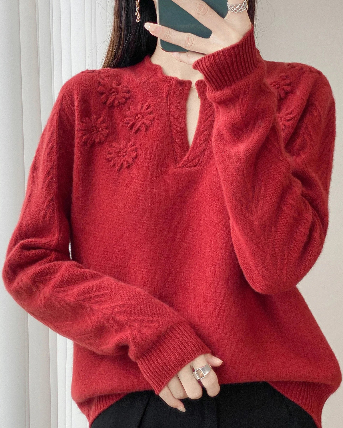 Floral-Embroidered Wool Sweater