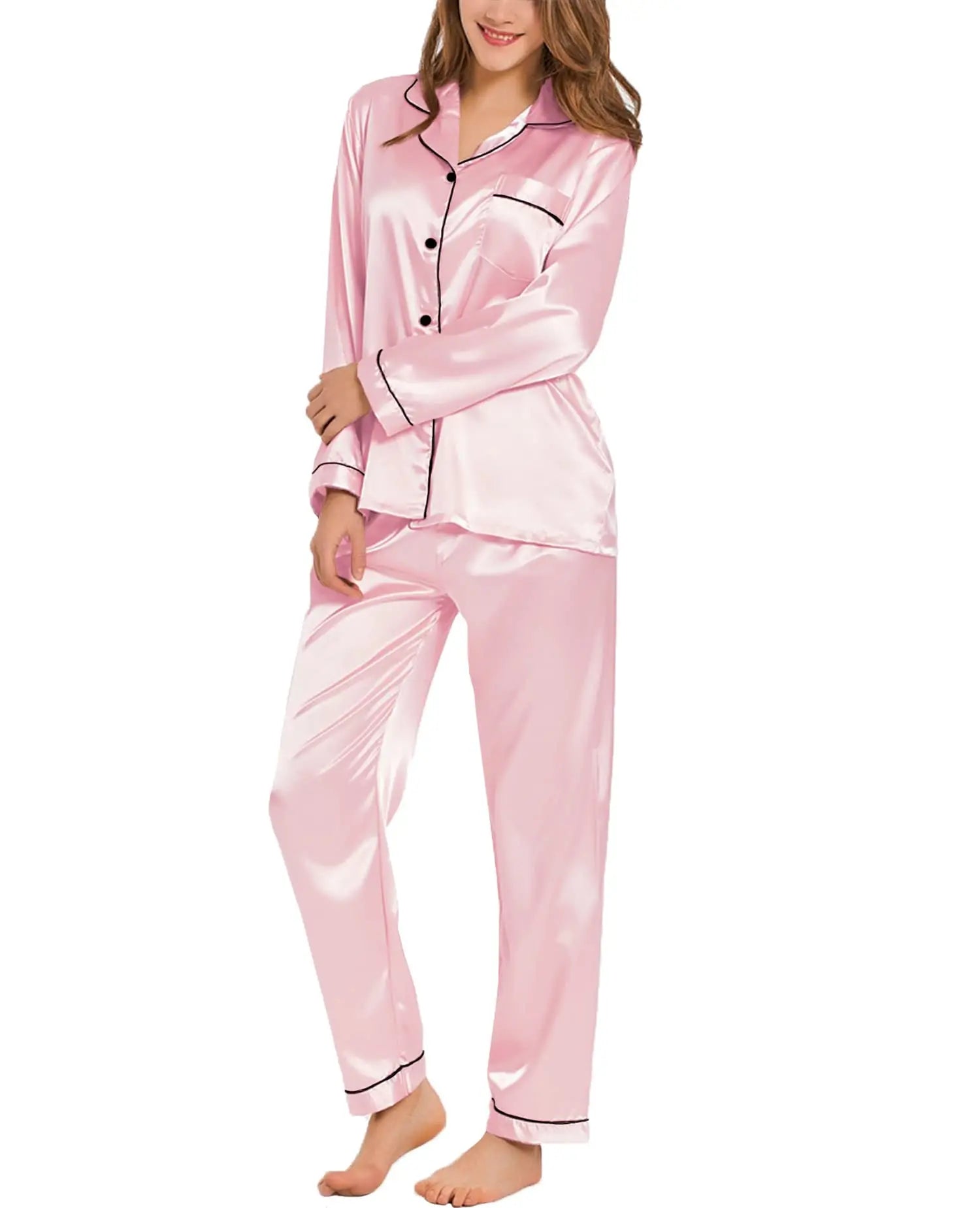 Satin Button-Down Long-Sleeve Pajama Set