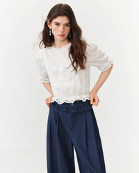 French-inspired puff sleeve blouse. Lightweight cotton, lace trim detail, cropped silhouette . 