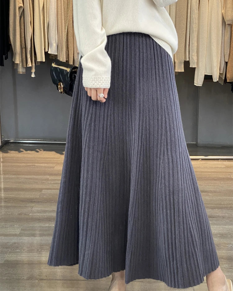 Merino Wool Pleated A-Line Maxi Skirt