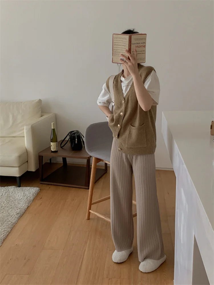 Drawstring Ribbed Knitted Wide Leg Sweatpants