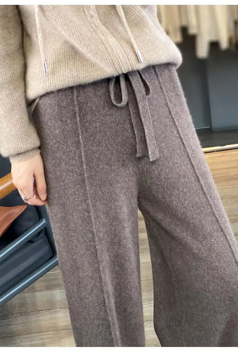 Drawstring High Waist Wide-Leg Wool Pants