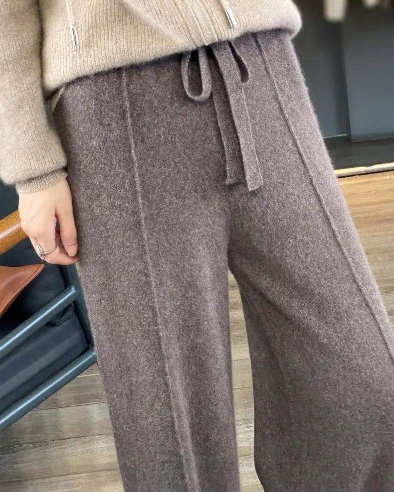 Drawstring High Waist Wide-Leg Wool Pants