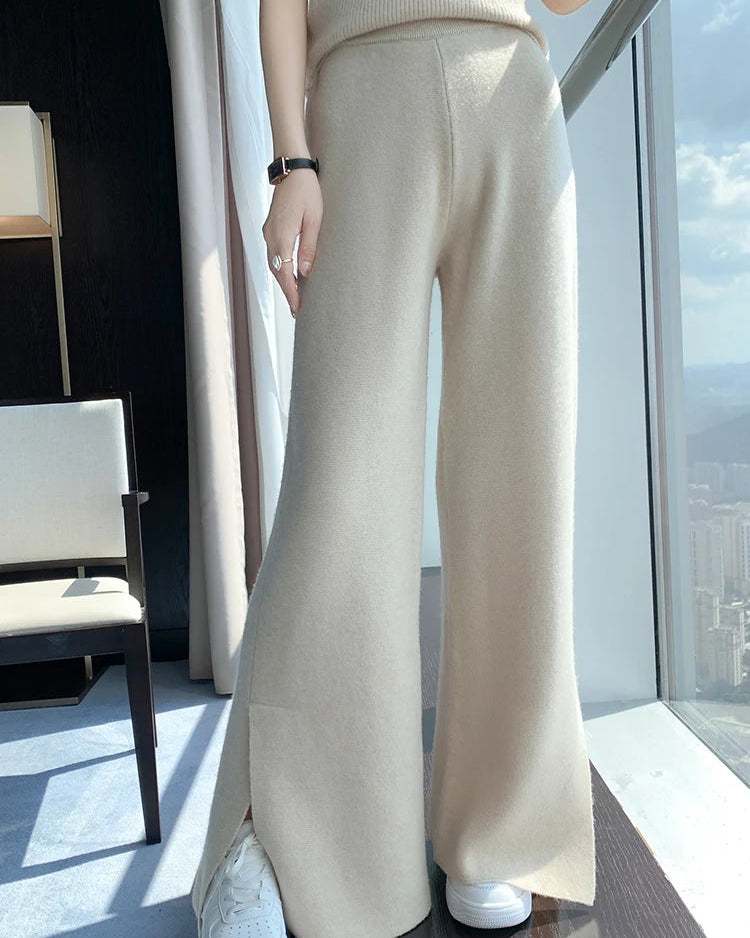 Merino Wool Slit Wide-Leg Trousers
