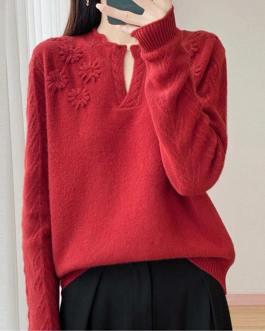 Floral-Embroidered Wool Sweater